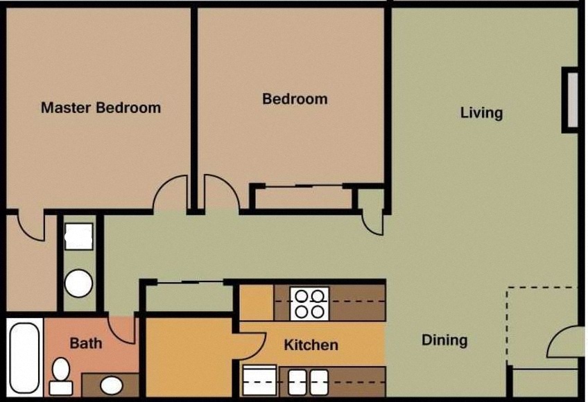 Floor plan for 2 beds, 1 bath